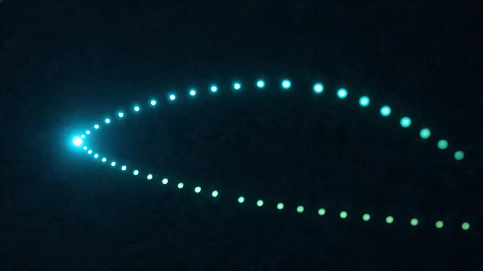 Abstrakte Datenvisualisierung: Aus einem einzelnen Lichtpunkt fächert sich eine geordnete Reihe vieler gleichartiger Punkte auf
