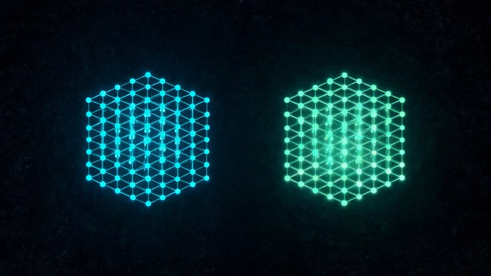 Abstrakte Datenvisualisierung: Zwei identische Gitterstrukturen aus Lichtpunkten nebeneinander, die linke fest, die rechte durchscheinend