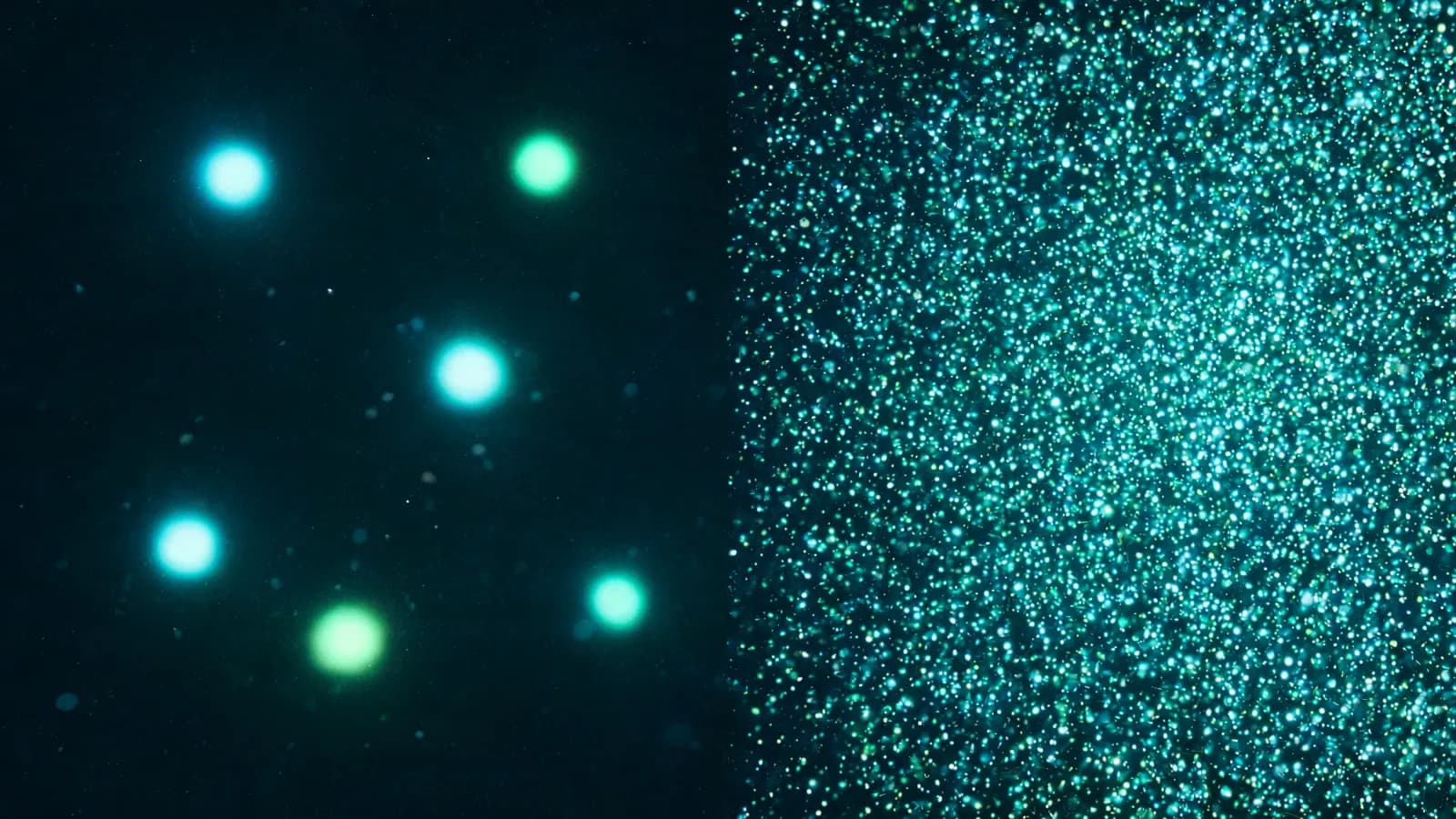 Abstrakter Vergleich: links wenige weit auseinanderliegende Lichtpunkte, rechts ein extrem dichtes Feld winziger Punkte