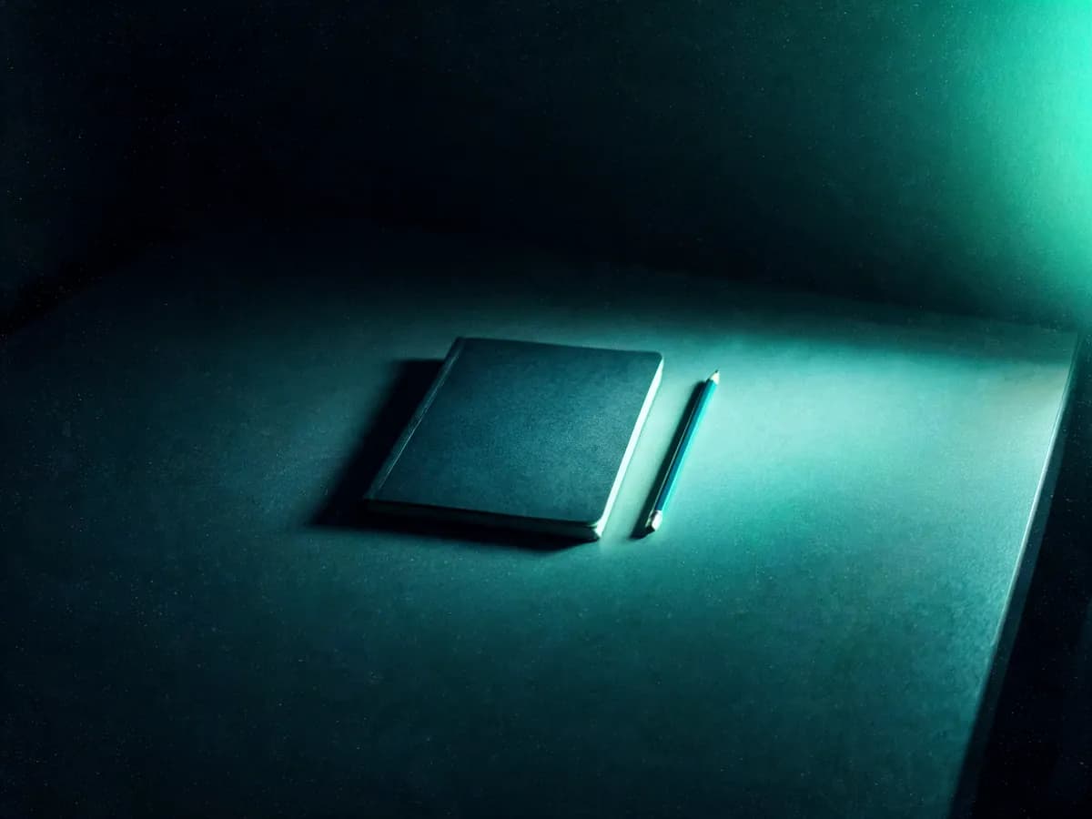 Abstrakte Aufnahme eines dunklen Schreibtisches mit Notizbuch, beleuchtet vom kalten Schein eines Bildschirms außerhalb des Bildes